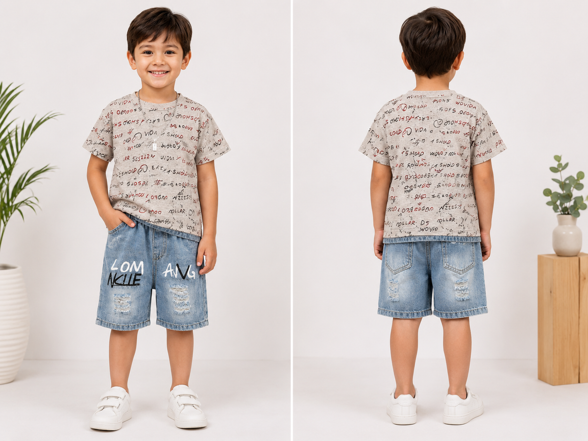 Boys Printed T-Shirt & Denim Shorts Set